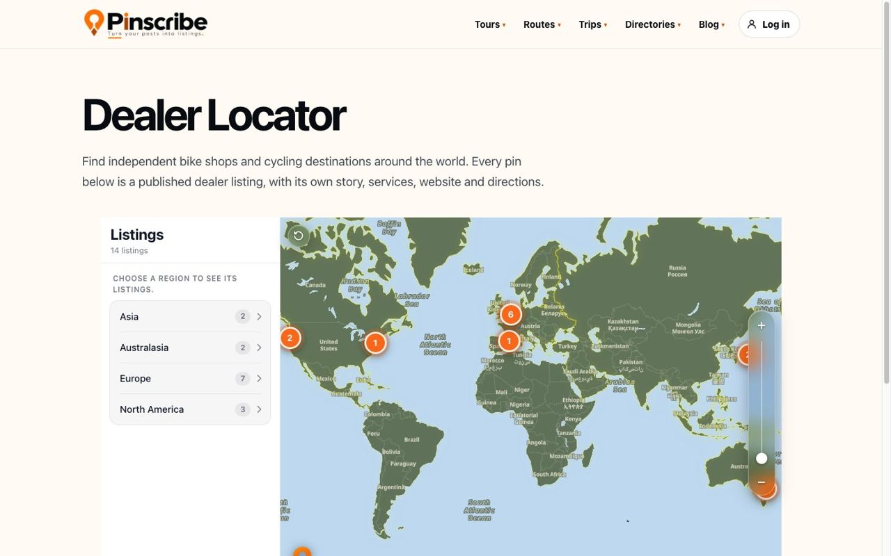 A dealer locator with a world map and a list of listings by region