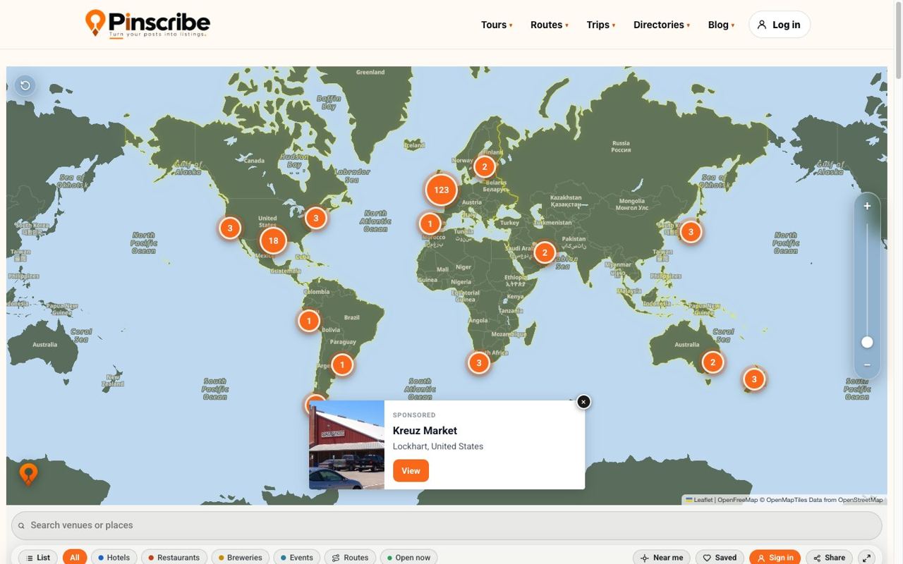 A worldwide directory map with numbered clusters of listings