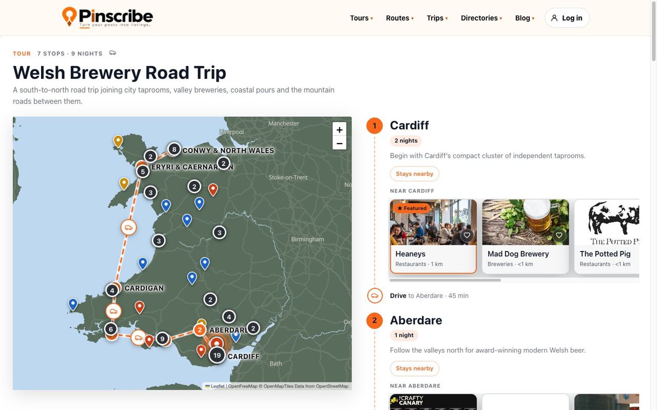 A Welsh brewery road trip on a map, with numbered stops and nearby breweries and restaurants