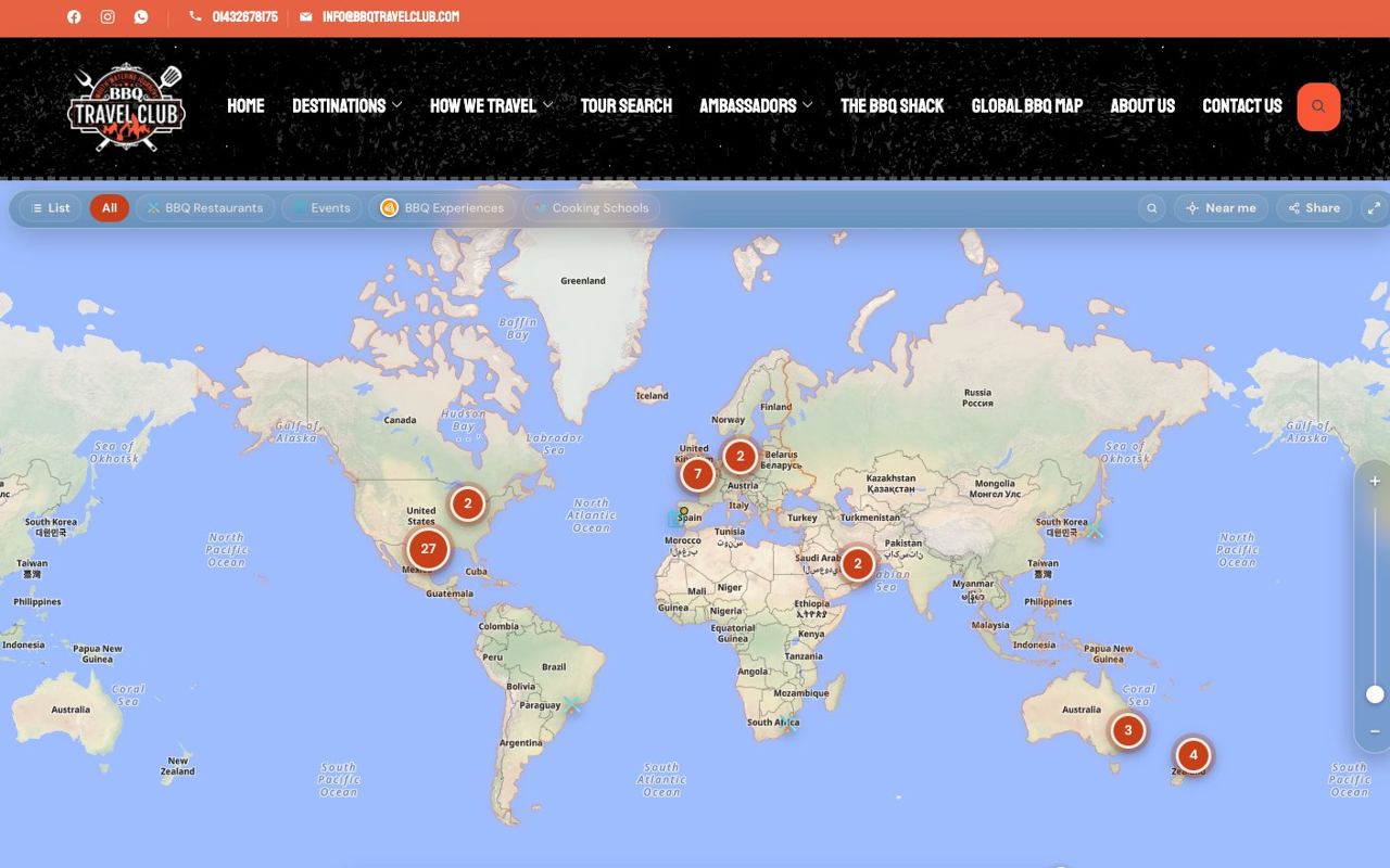 A world map of barbecue restaurants, events and cooking schools, with numbered clusters and category filters