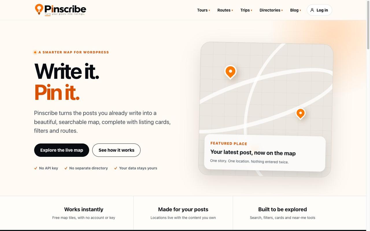 The Pinscribe homepage: write it, pin it